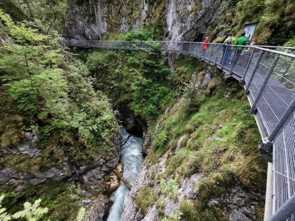 Die Stahlgerüste führen dich hoch über dem Wasser durch die Leutaschklamm